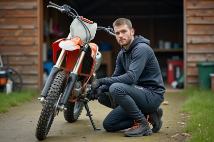 Jeune motard vérifiant la chaîne de sa moto 125cc