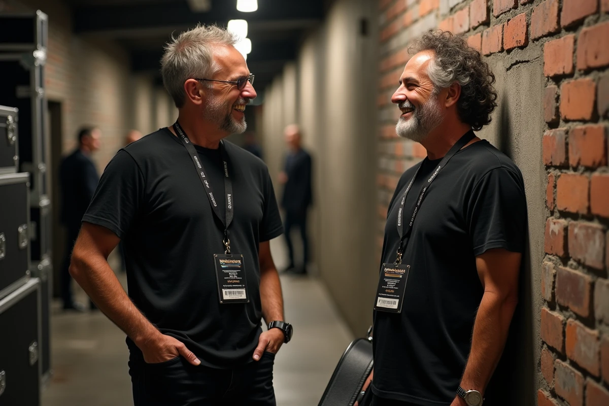 Deux musiciens de rock en coulisses d'une tournée, discussion informelle backstage avec étuis de guitare et laissez-passer de concert, ambiance documentaire reportage musical