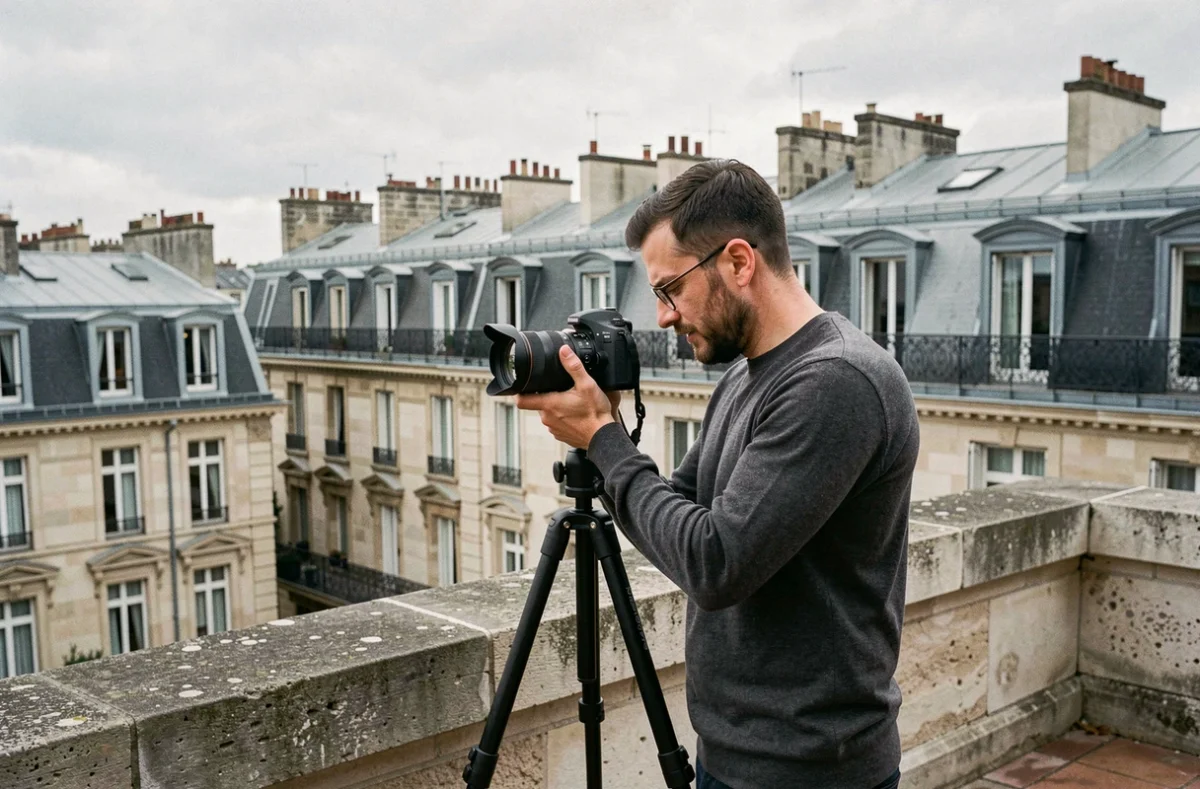 Nicolas Baudry photographe sur terrasse avec vue sur un quartier parisien