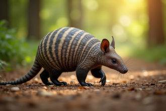 Un tatou à neuf bandes marche dans la forêt ensoleillée