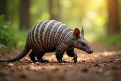 Un tatou à neuf bandes marche dans la forêt ensoleillée