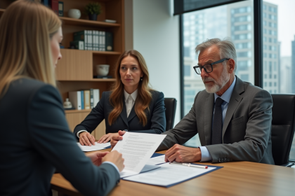 Notaire homme en costume gris avec clients dans un bureau moderne