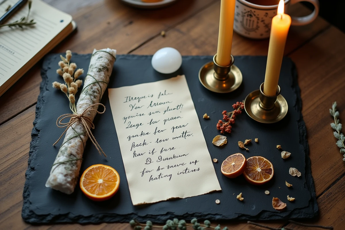 Mise à plat d'objets rituels pour la pleine lune de novembre incluant cristal sélénitite bougies sauge et liste d'intentions manuscrite