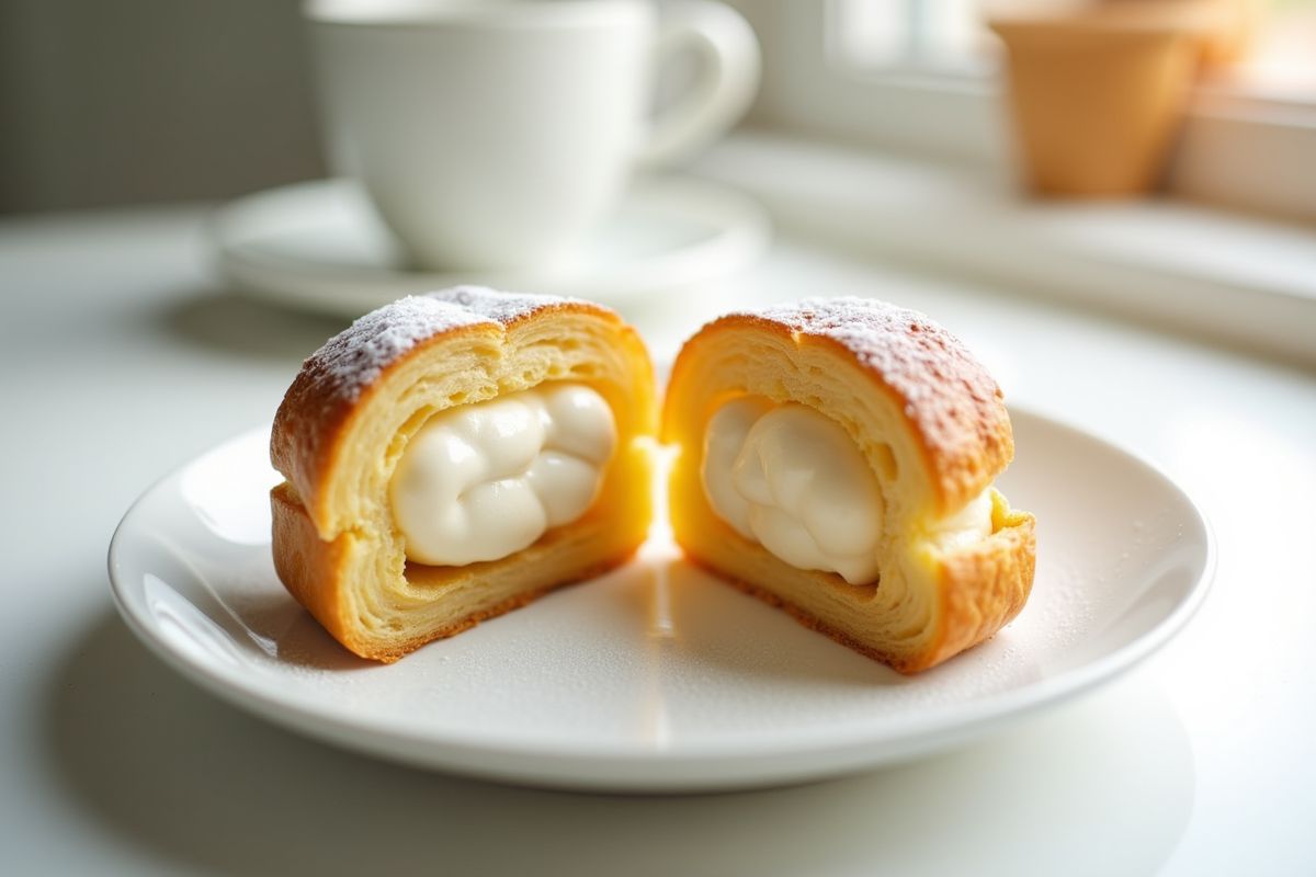Partie tranchée de ParisBrest avec crème praliné dans une assiette