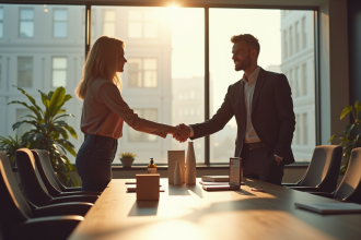 Deux professionnels d'affaires serrent la main dans un bureau moderne