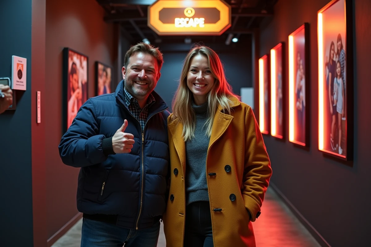 Deux participants souriants devant l'entrée de l'escape game Clap Escape à Lyon après avoir terminé une mission