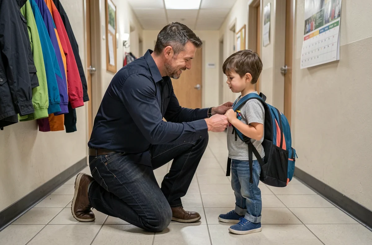 Père aidant son fils à mettre son sac d'école lors d'une semaine de garde impaire