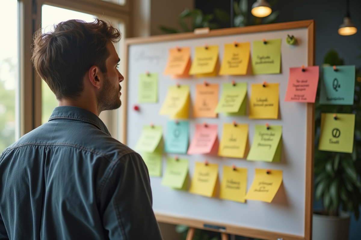 Personne réfléchissant devant un panneau de notes colorées