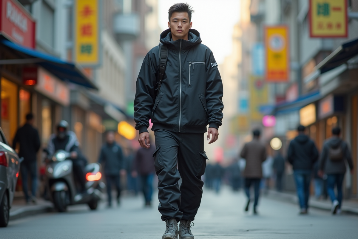 Personne en style techwear des années 90 marchant en ville en journée