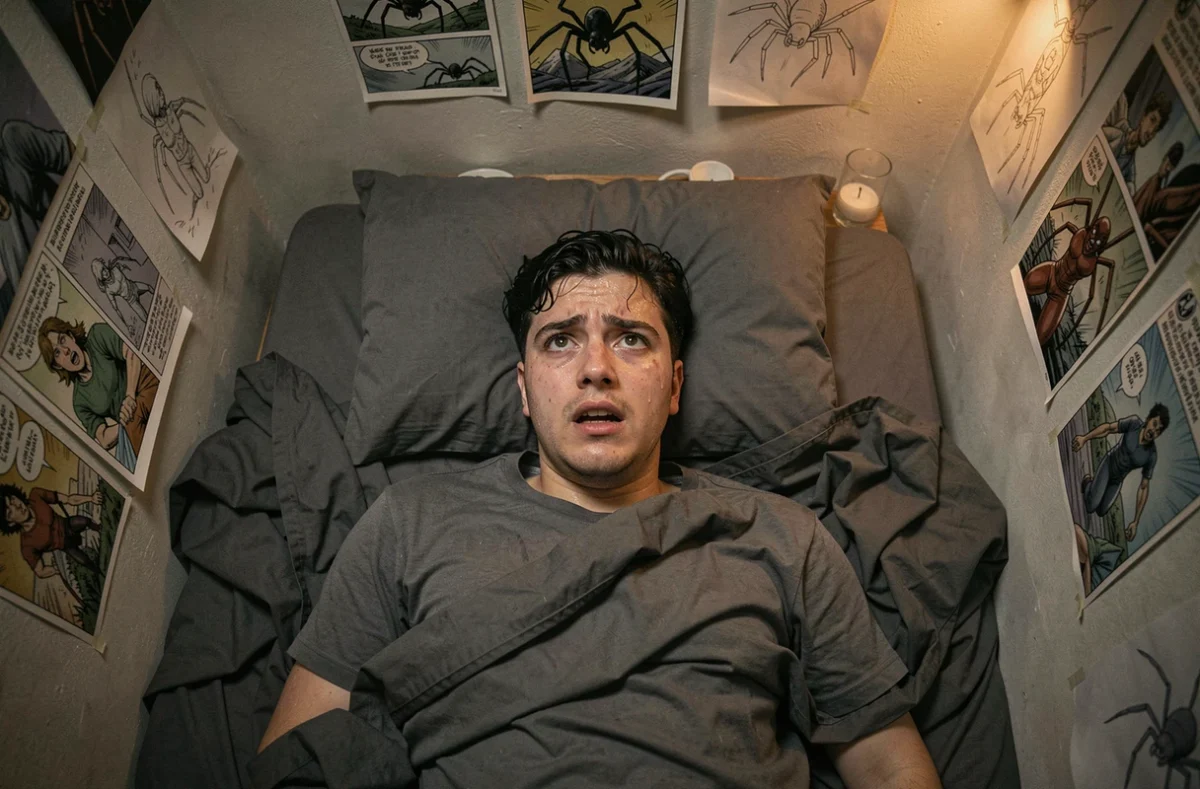 Jeune homme réveillé en sursaut dans un lit défait entouré de dessins de super-héros araignée sur les murs, expression cauchemardesque photographiée en plongée verticale