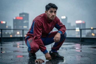 Jeune homme en costume de super-héros rouge et bleu accroupi sur un toit mouillé avec une expression torturée et un décor urbain nocturne flou en arrière-plan