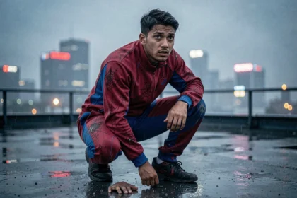 Jeune homme en costume de super-héros rouge et bleu accroupi sur un toit mouillé avec une expression torturée et un décor urbain nocturne flou en arrière-plan