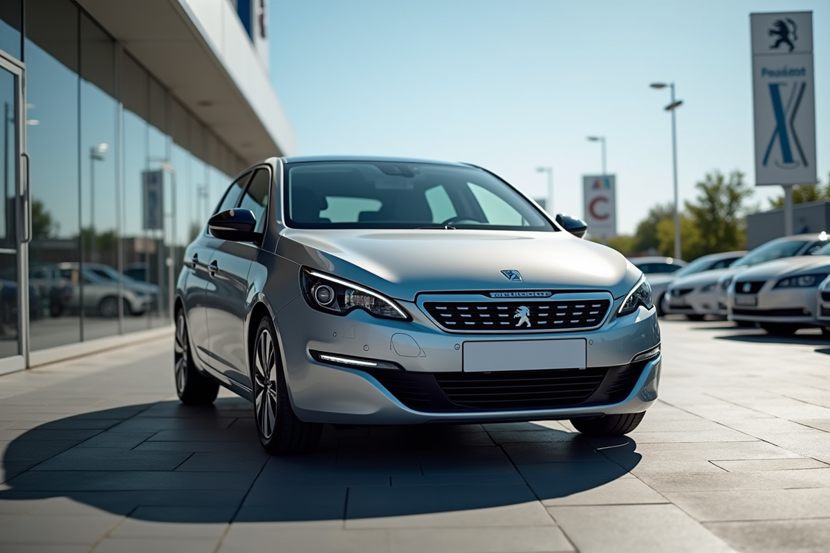 Voiture Peugeot 308 argentée en concession lumineuse
