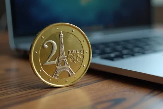 Pièce de 2 euros commémorative JO 2026 Tour Eiffel posée sur un bureau en bois à côté d'un clavier d'ordinateur portable