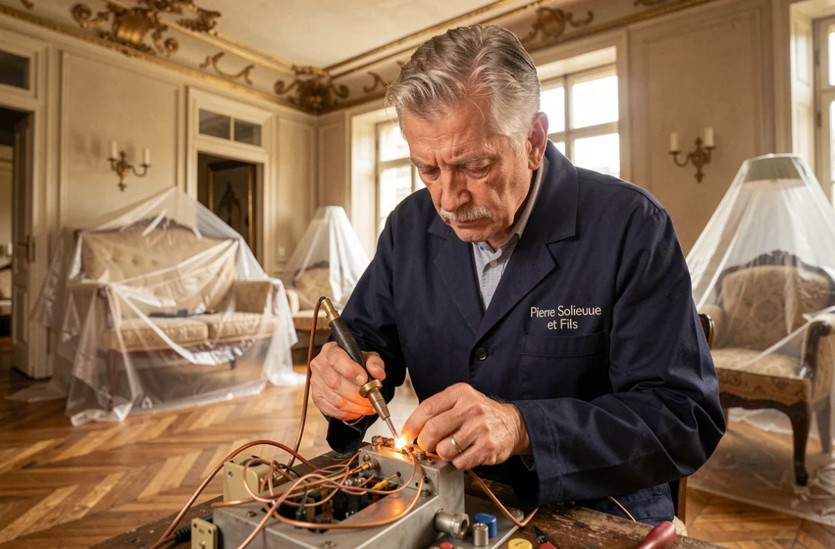 Électricien Pierre Soliveau et Fils travaillant sur une restauration électrique dans un appartement haussmannien parisien
