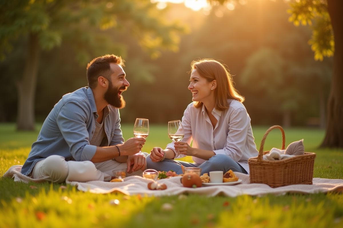 Homme surpris découvrant un pique-nique romantique dans un parc ensoleille
