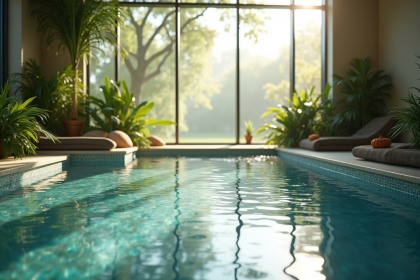 Piscine spa entourée de verdure lumineuse matin