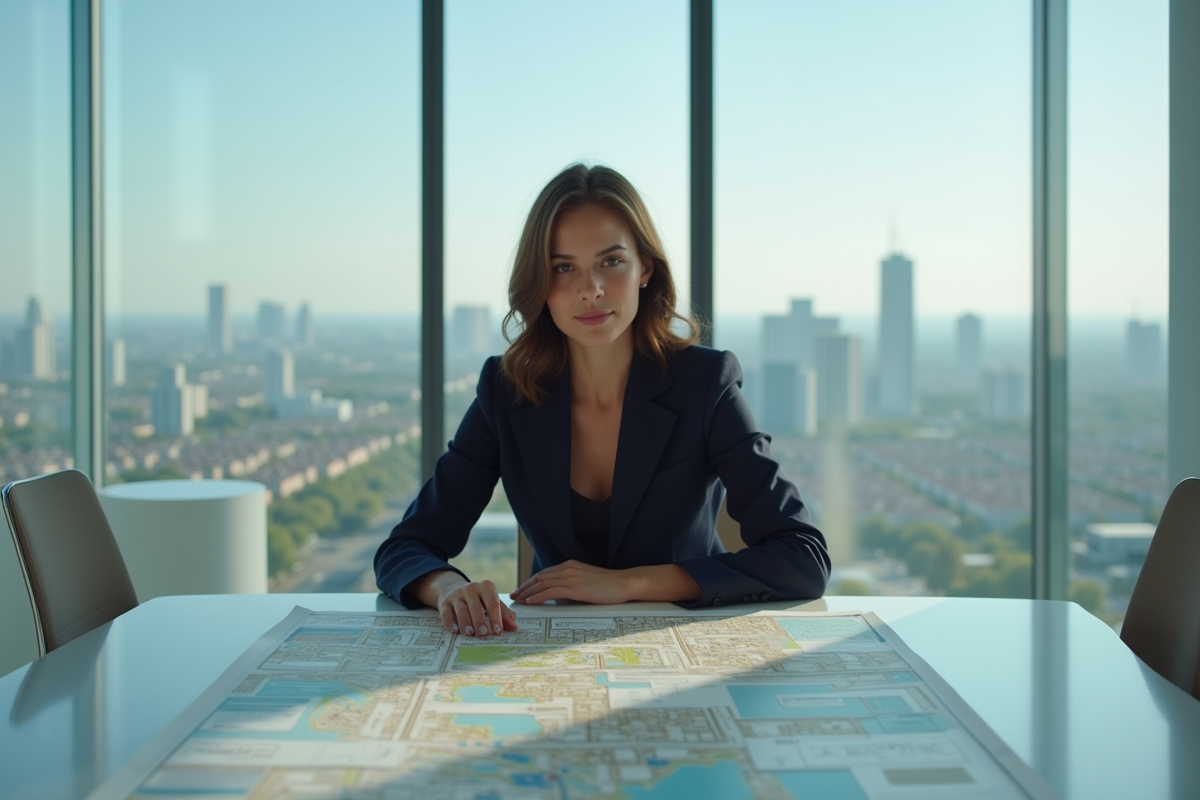 Femme en réunion analysant des cartes d urbanisme