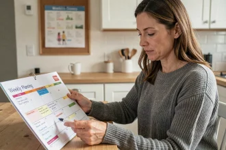 Femme consultant un planning de garde d'enfants en semaine impaire à la table de cuisine