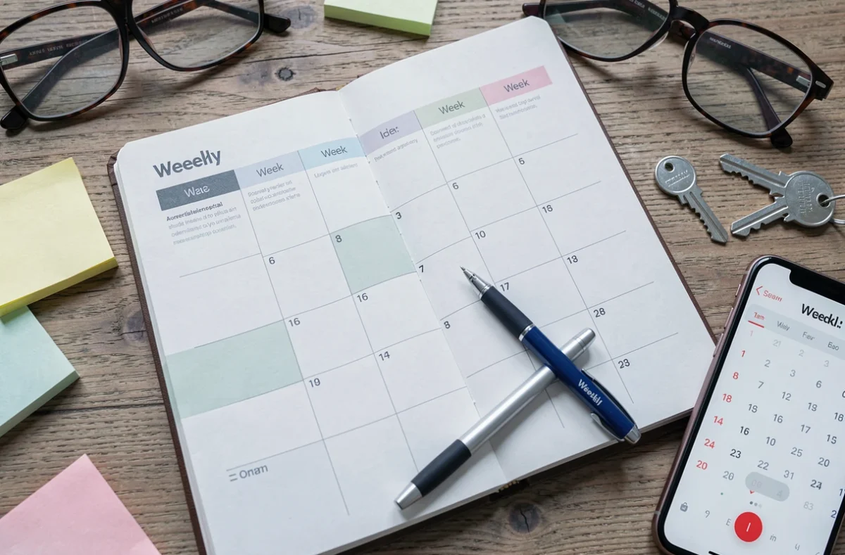 Planning hebdomadaire semaine impaire ouvert sur un bureau avec notes et calendrier numérique