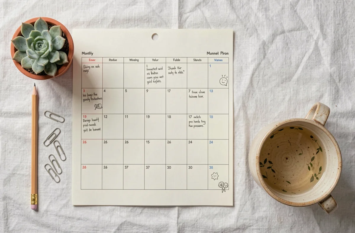Vue de dessus d'un planning mensuel imprimé à plat avec carnet, plante et tasse de tisane sur nappe blanche