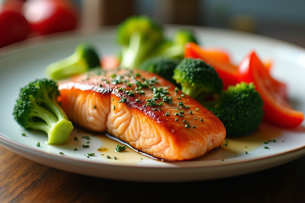 Plat de saumon avec brocoli et poivrons rouges