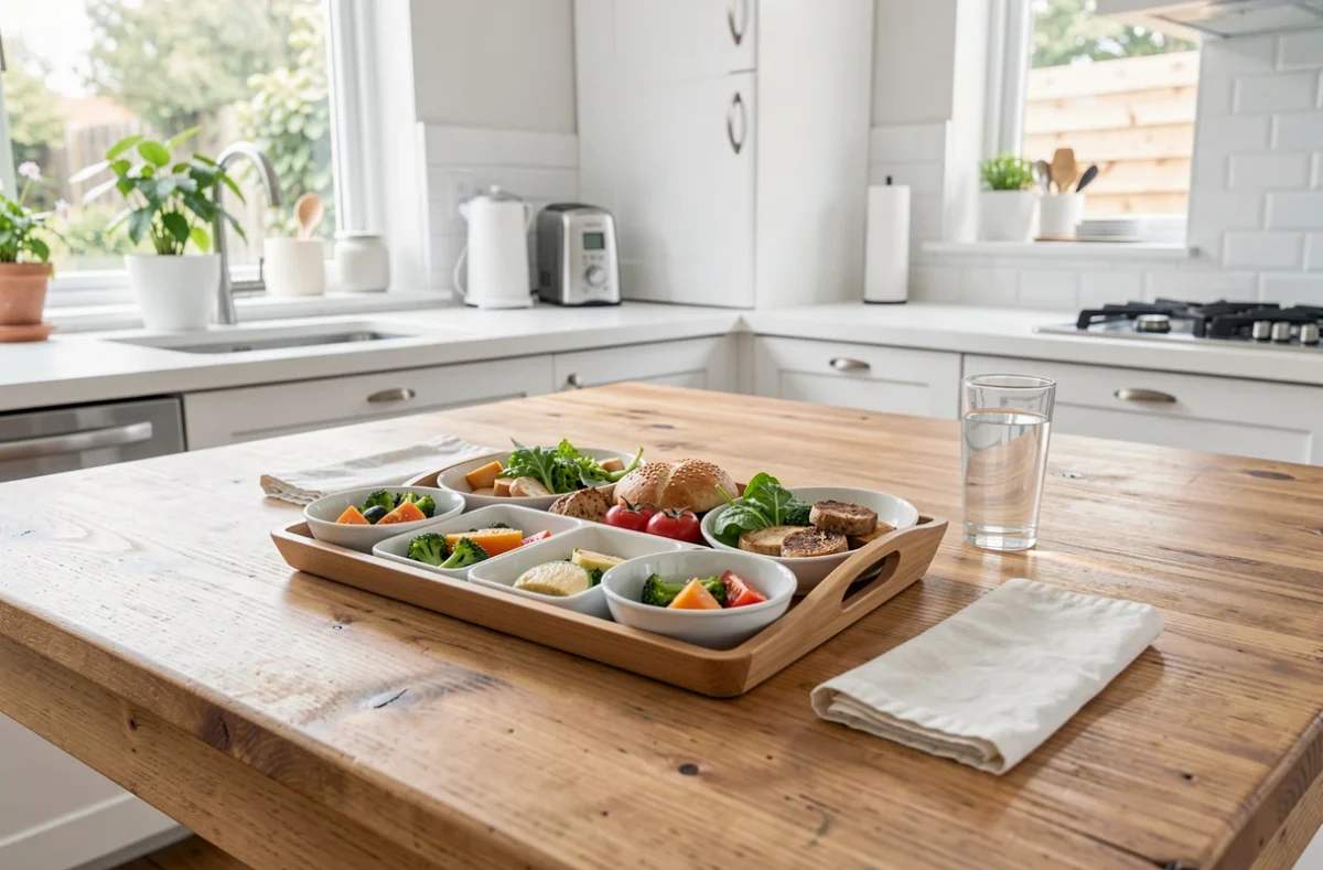 Plateau-repas porté à domicile posé sur une table de cuisine
