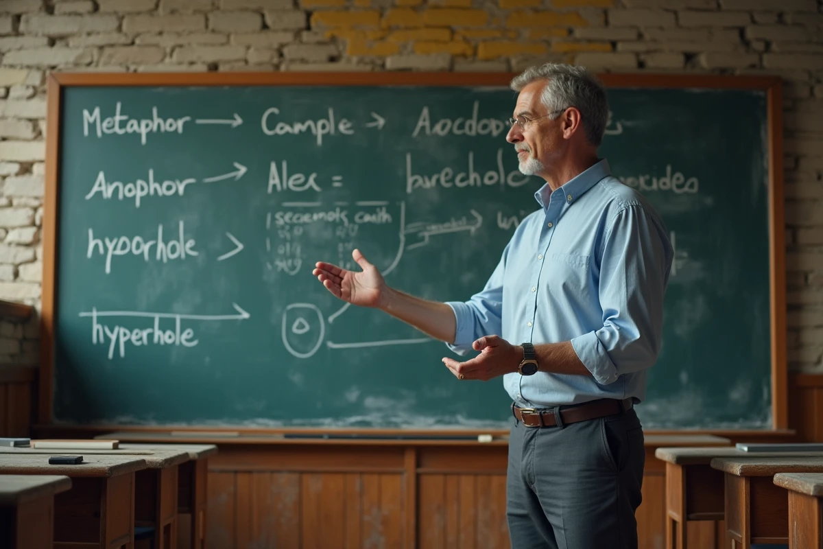 Professeur expliquant les figures de style au tableau dans une salle de classe universitaire