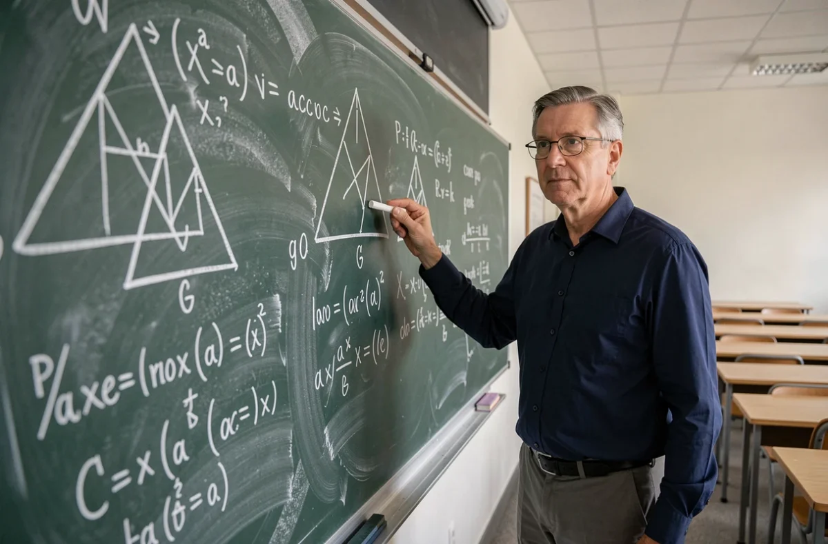 Professeur devant un tableau avec des formules mathématiques pour calculer l'aire et le volume d'un triangle