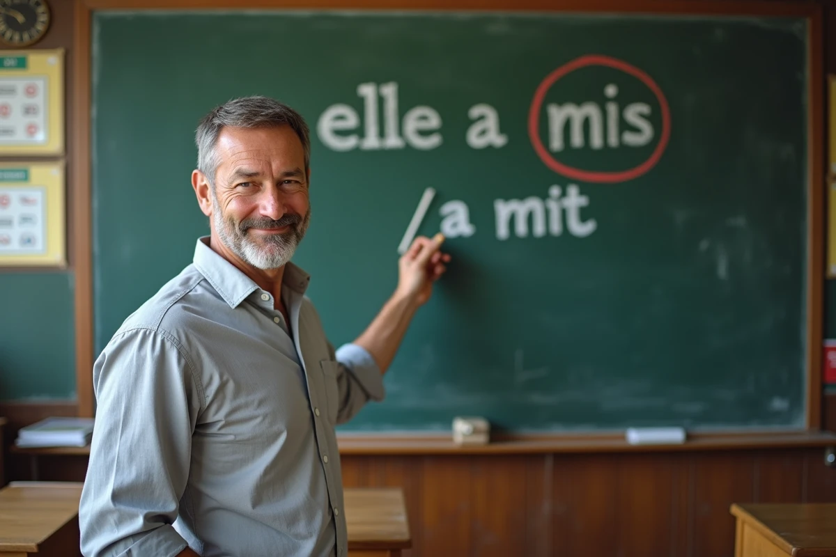 Professeur de français expliquant la règle d'accord du participe passé 'mis' au tableau devant une classe