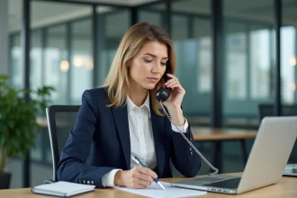 Professionnelle en blazer marine écoutant sa messagerie téléphonique fixe dans un bureau moderne, illustrant la gestion des messages clients pour les pros