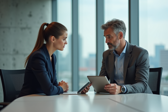 Deux professionnels en réunion dans un bureau moderne