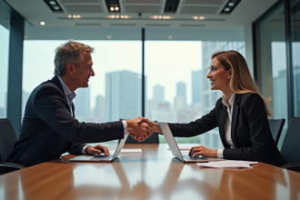 Deux professionnels se serrant la main dans un bureau moderne