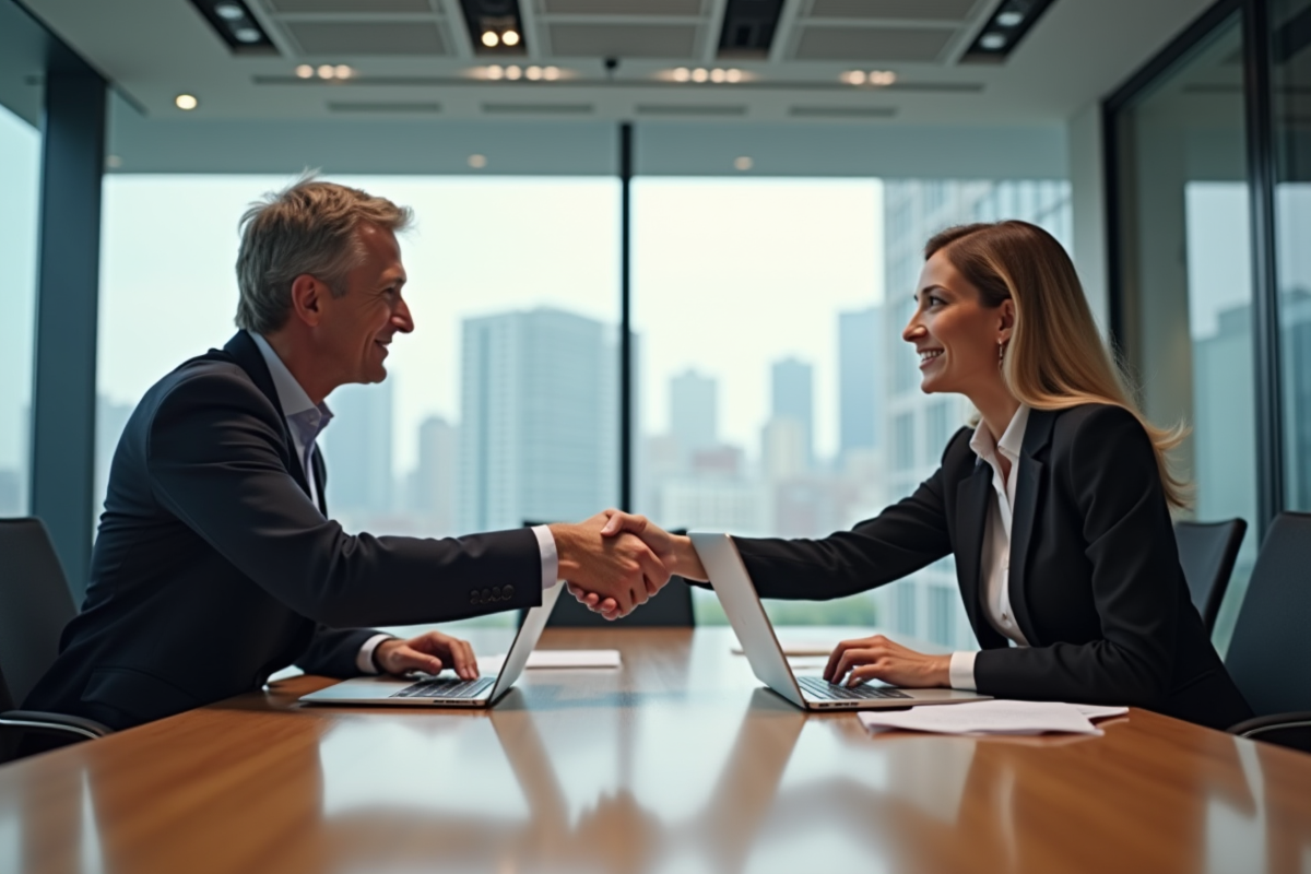 Deux professionnels se serrant la main dans un bureau moderne