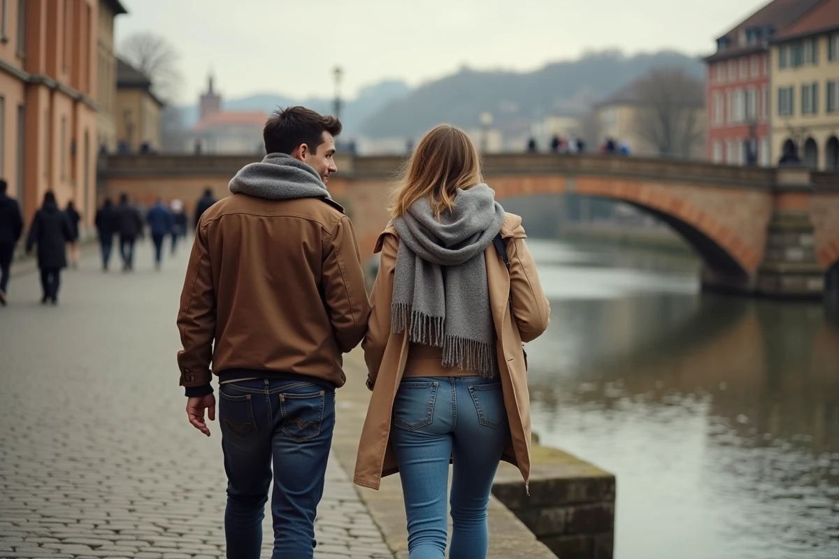 Couple marchant le long de la Garonne à Toulouse