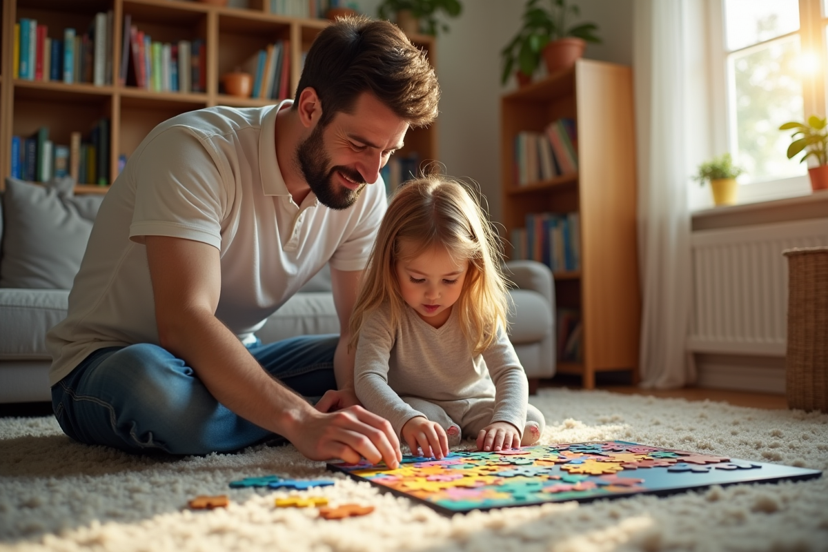 Père et fille assemblant un puzzle coloré dans le salon