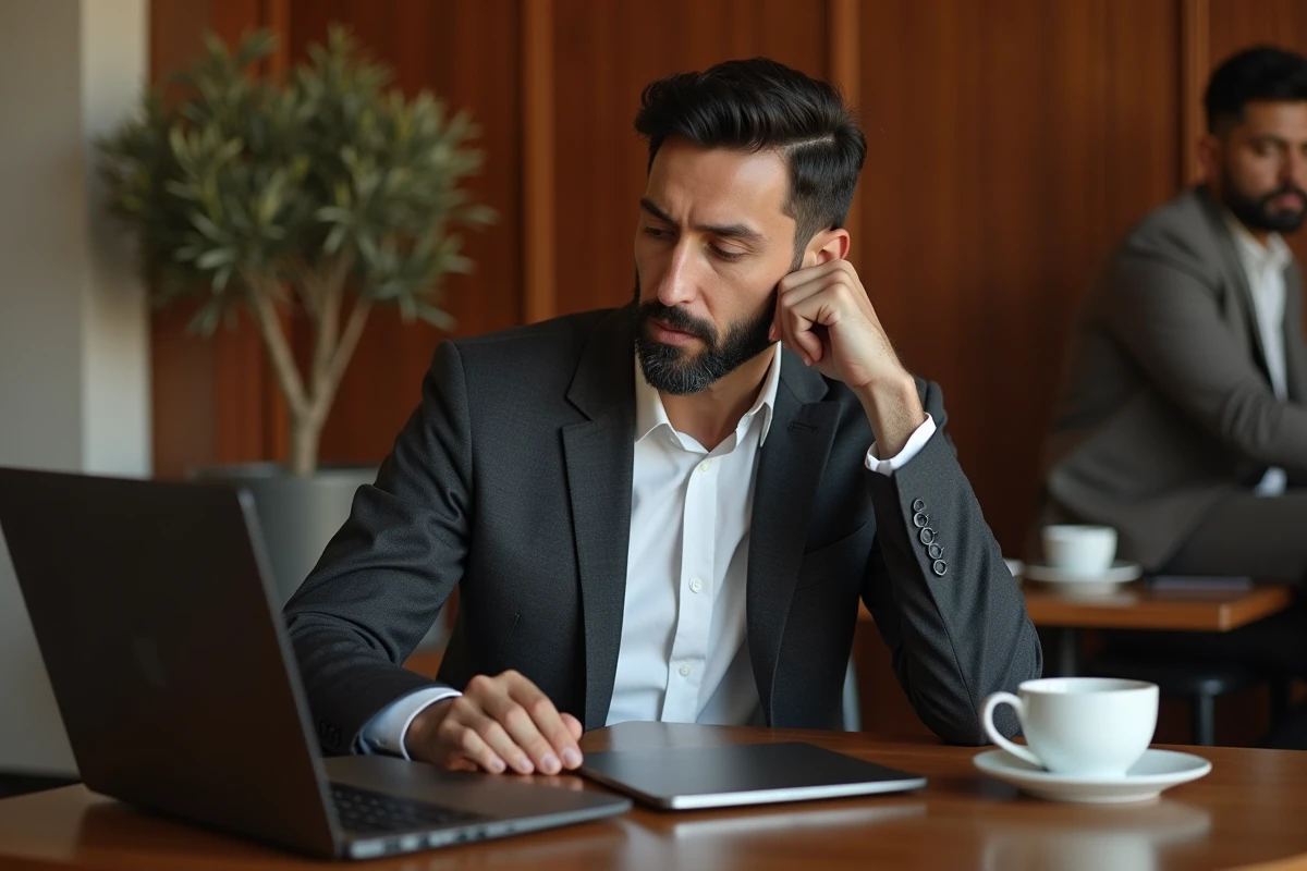 Homme d'affaires concentré travaillant sur un ordinateur portable dans un café privé haut de gamme au décor en bois chaleureux
