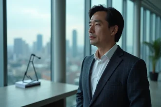 Portrait d'un homme d'affaires discret en costume marine regardant par la fenêtre d'un bureau moderne avec vue sur la ville