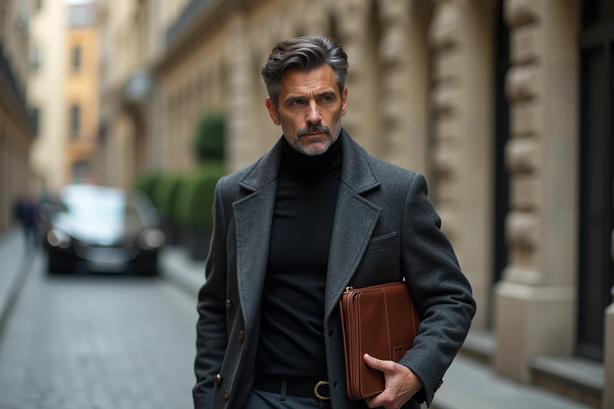 Homme d'affaires élégant en manteau gris marchant dans une rue européenne pavée avec un portfolio en cuir sous le bras