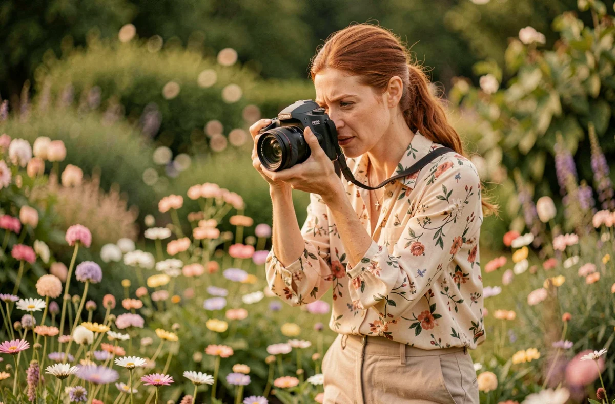 Raphaëlle Fava photographe dans un parc en train de photographier des fleurs