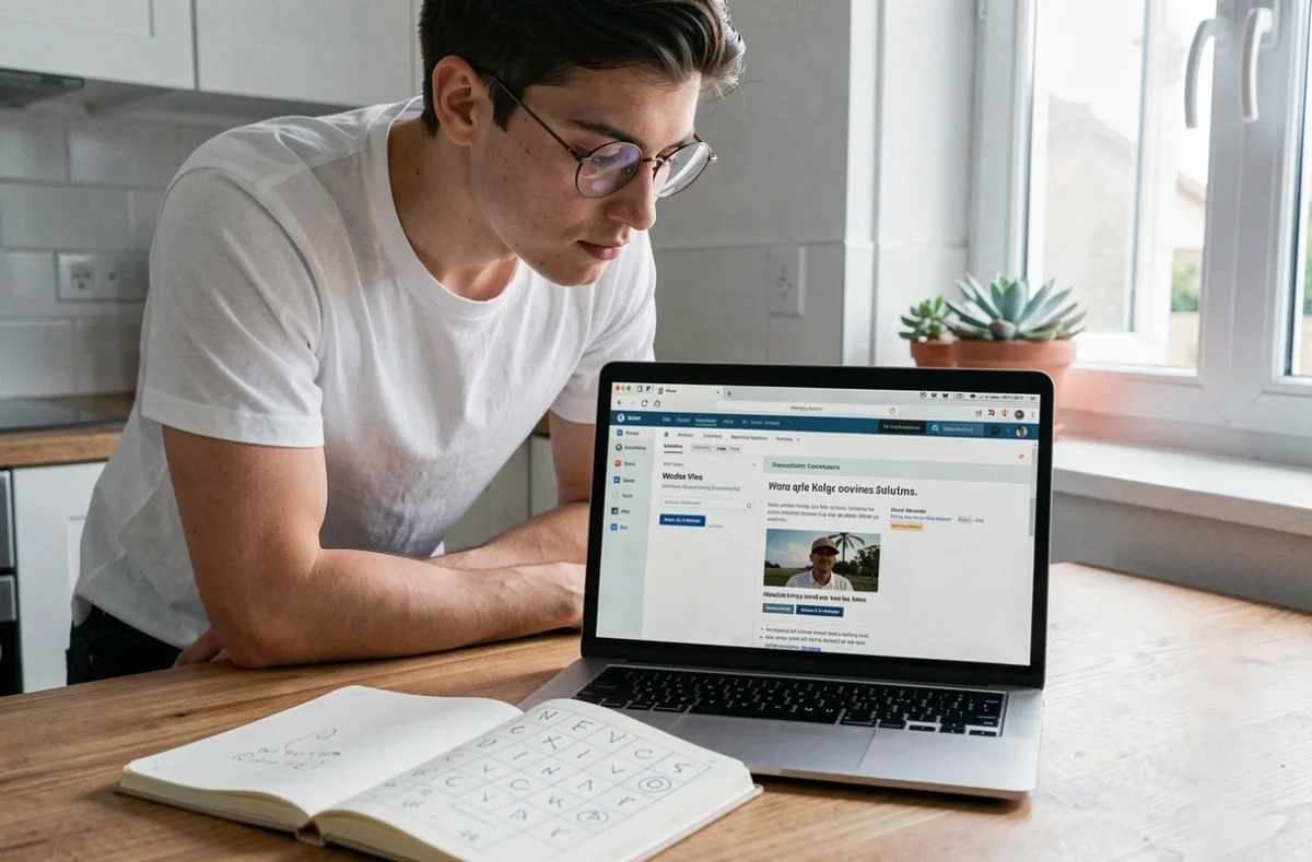 Jeune adulte cherchant un mot de passe Codycross sur ordinateur avec carnet de notes