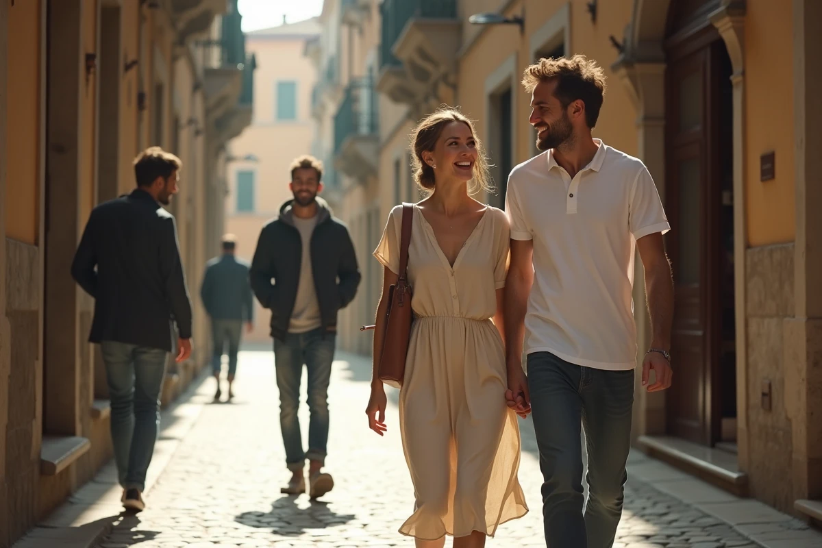 Couple se promenant dans une rue pavée pendant qu'un homme au loin jette un regard furtif vers la femme