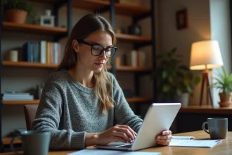 Femme ajustant les réglages de l'application Epsylon Scan sur une tablette pour une lecture confortable