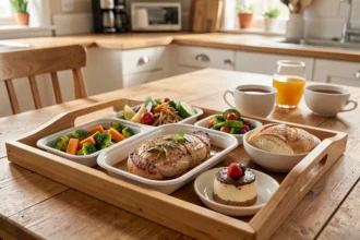 Repas équilibré livré à domicile servi sur une table de cuisine