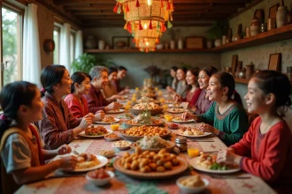 Groupe familial autour d'une table décorée en fête