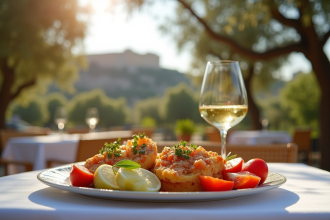 Repas grec traditionnel avec acropole en arrière-plan à Athènes