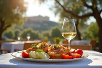 Repas grec traditionnel avec acropole en arrière-plan à Athènes