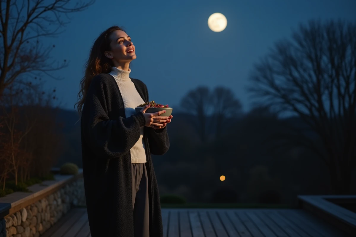 Femme tenant un bol d'herbes lors d'un rituel de pleine lune de novembre en extérieur sous le ciel nocturne