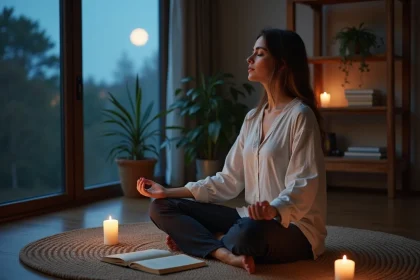 Femme pratiquant un rituel de pleine lune de novembre avec bougies et journal dans un intérieur minimaliste