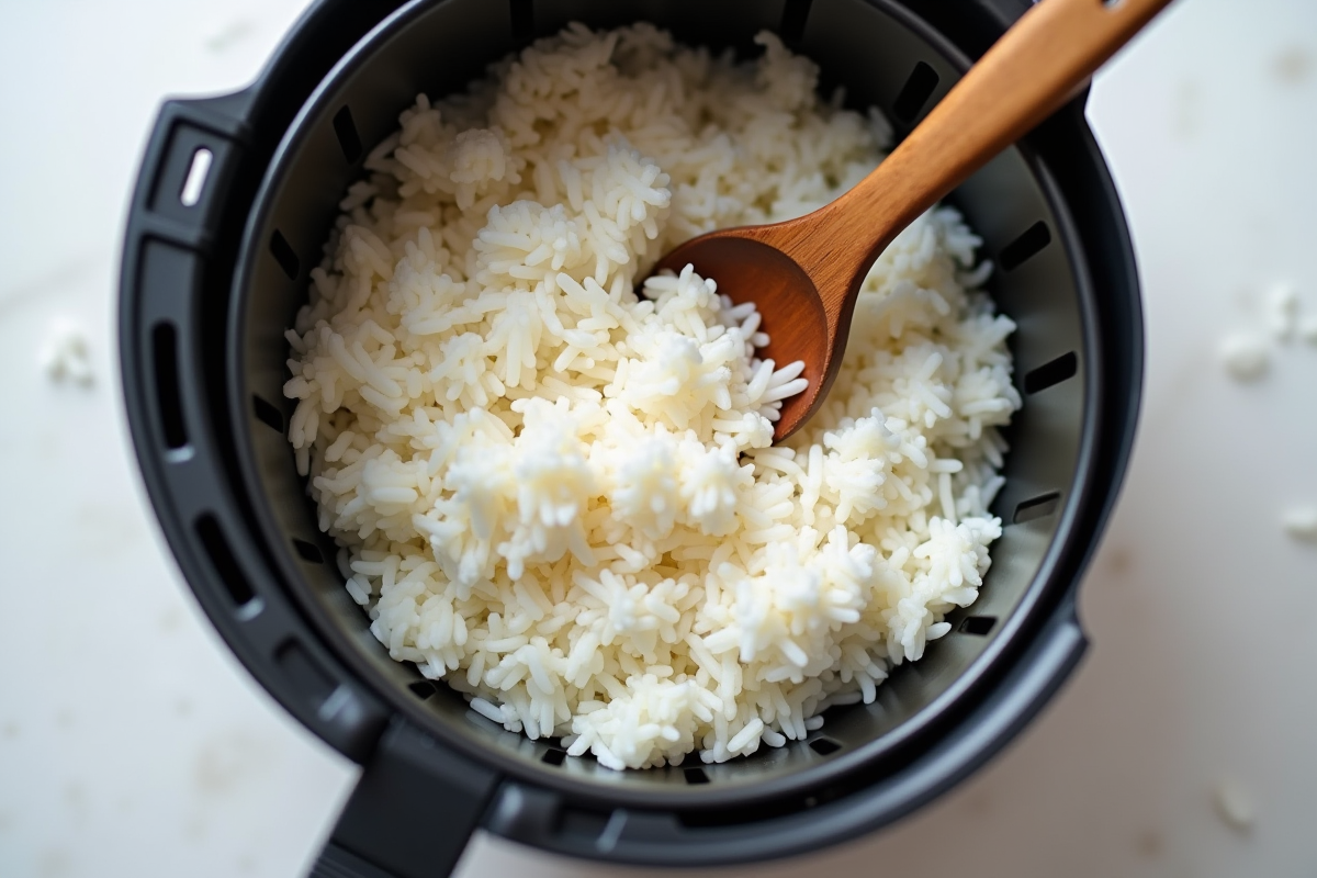 Riz blanc dans panier d air fryer moulinex avec cuillère en bois